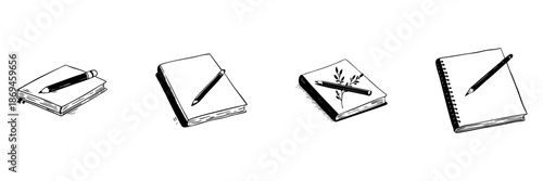 Notebooks And Pens Doodle Sketch Set. Creative Writing, Journaling, And Note-Taking Essentials In Hand Drawn Style Collection. Artistic Stationery Illustration. Isolated Vector Illustration