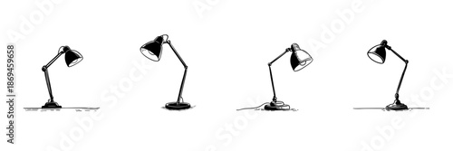 Adjustable Desk Lamp Doodle Sketch Set. Versatile Lighting And Workspace Illumination In Hand Drawn Style Collection. Office And Study Environment. Hand Drawn Isolated Vector Illustration