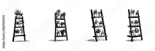 Ladder Shelf With Potted Plants Doodle Sketch Set. Indoor Gardening And Home Decor In Hand Drawn Style Collection. Botanical Arrangement And Greenery Display. Hand Drawn Isolated Vector Illustration