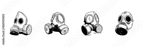 Gas Mask Doodle Sketch Set. Respiratory Protection And Safety Equipment In Hand Drawn Style Collection. Industrial And Environmental Safety. Hand Drawn Isolated Vector Illustration