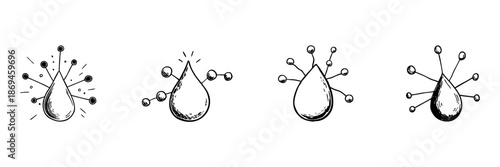 Water Molecule Doodle Sketch Set. Molecular Structure And Chemistry Concept In Hand Drawn Style Collection. Science And Education Illustration. Isolated Vector Illustration