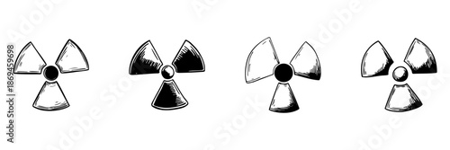 Radioactive Hazard Symbols Doodle Sketch Set. Nuclear Safety And Radiation Warning Signs In Hand Drawn Style Collection. Isolated Vector Illustration