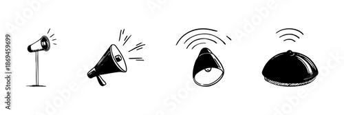 Megaphone And Bell Doodle Sketch Set. Sound Amplification And Alert Notification In Hand Drawn Style Collection. Communication And Announcement Tools. Isolated Vector Illustration
