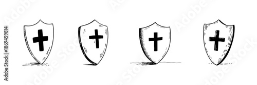Shield With Cross Doodle Sketch Set. Protection, Faith, And Security Symbol In Hand Drawn Style Collection. Medieval Defense Concept. Hand Drawn Isolated Vector Illustration