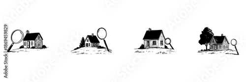 House Inspection And Real Estate Evaluation Doodle Sketch Set. Property Analysis And Home Appraisal In Hand Drawn Style Collection. Magnifying Glass And House. Isolated Vector Illustration