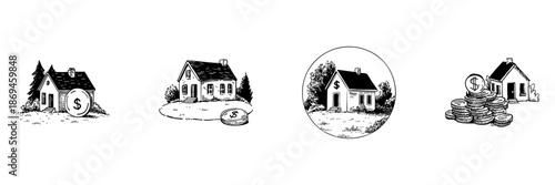 House And Coin Doodle Sketch Set. Real Estate Investment And Property Value Growth In Hand Drawn Style Collection. Financial Planning And Homeownership. Isolated Vector Illustration