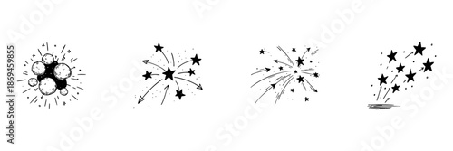 Explosive Starburst And Celestial Motion Doodle Sketch Set. Cosmic Energy, Celebration, And Festive Fireworks In Hand Drawn Style Collection. Dynamic Star Patterns. Isolated Vector Illustration