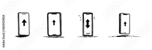 Smartphone With Arrow Doodle Sketch Set. Mobile Navigation, Scrolling, And User Interface Interaction In Hand Drawn Style Collection. Gesture Control Illustration. Isolated Vector Illustration
