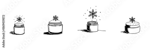 Jars With Snowflakes Doodle Sketch Set. Winter Skincare, Moisturizing Cream, And Cold Weather Protection In Hand Drawn Style Collection. Seasonal Beauty Products. Isolated Vector Illustration