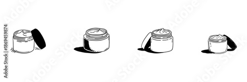 Open Cosmetic Cream Jar Doodle Sketch Set. Skincare And Beauty Product Illustration In Hand Drawn Style Collection. Moisturizing And Facial Care. Hand Drawn Isolated Vector Illustration