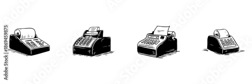 Cash Register Doodle Sketch Set. Retail Transaction, Sales Processing, And Checkout Systems In Hand Drawn Style Collection. Vintage Business Equipment. Isolated Vector Illustration