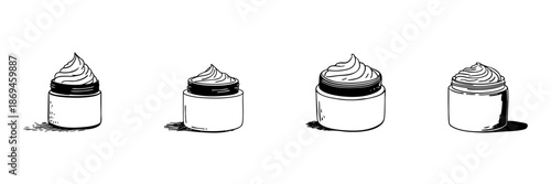 Open Cosmetic Jars With Cream Doodle Sketch Set. Skincare And Beauty Product Illustration In Hand Drawn Style Collection. Moisturizing And Nourishing Creams. Hand Drawn Isolated Vector Illustration