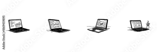 Laptops With Data Analytics Screens Doodle Sketch Set. Business Intelligence And Data Visualization In Hand Drawn Style Collection. Technology And Analysis Tools. Isolated Vector Illustration