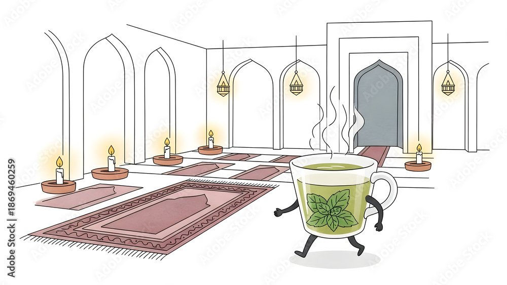 Obraz premium An animated teacup exploring a calming and spiritual space in detailed illustration.