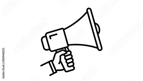 Vector outline icon of a hand holding a megaphone, symbolizing communication, announcement, and call to action concepts
