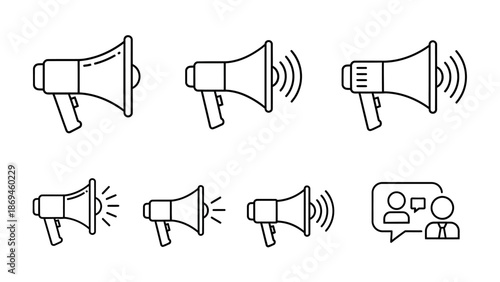 Line Art Megaphone and Communication Icons Set for Announcement and Marketing