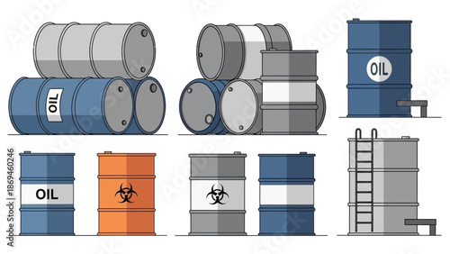 Vector set of various industrial storage containers, including oil drums, chemical barrels, and large storage tanks for hazardous materials