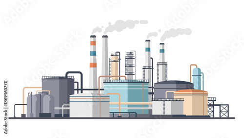 Modern Industrial Factory Complex with Chimneys, Storage Tanks, and Production Facilities Illustration