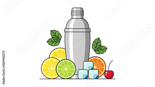Classic Cocktail Shaker Surrounded by Fresh Citrus Fruits, Mint, Ice, and a Cherry