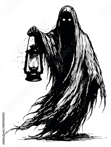 Line art illustration of a ghostly figure depicting holding a lantern for horror designs