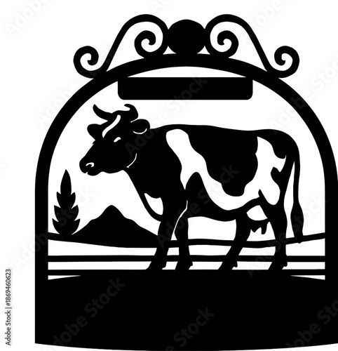 Farmhouse sign silhouette featuring a cow in a pasture with a mountain and tree. Blank space for custom lettering. Ideal for laser cutting and vinyl stickers.