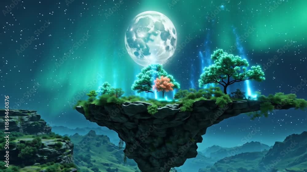 Video „Cinematic alien planet nightscape three moons, vibrant aurora ...