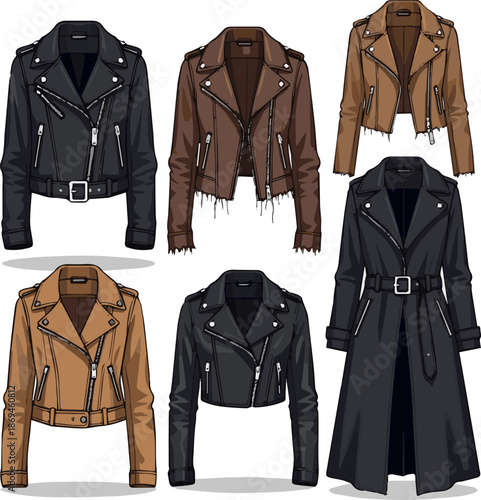 Create a kinds of deferent smart girl leathers jacket vector art with white background.