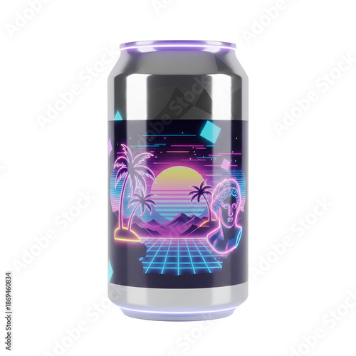 Neon Soda Can with Retro Futuristic Design Isolated on White
