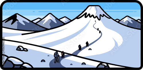 Mountain hikers ascend a snowy peak under a bright blue sky