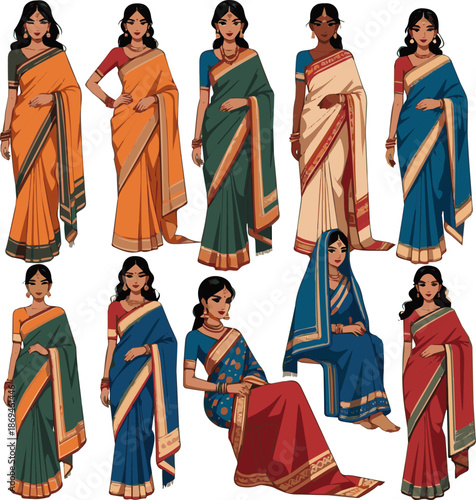 Create a kinds of deferent smart women saree vector art with white background.