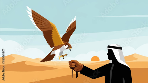 A dynamic flat design illustration depicting a majestic falcon in flight during a falconry display, a key attraction at the Al Dhafra Festival. This vector graphic captures the ancient art with a mode