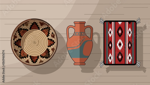 This flat design illustration showcases a curated collection of traditional Emirati handicrafts, representing the rich cultural heritage found at the Al Dhafra Festival market. 