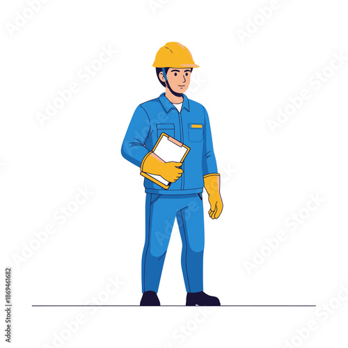 Flat vector illustration of a construction worker holding a clipboard, wearing a helmet and work clothes