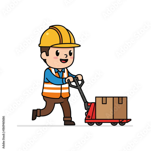Cartoon worker pushing a hand pallet truck with a delivery box, an engaging flat vector illustration symbolizing efficient warehouse operations, logistics, and package transport