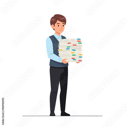 Flat vector illustration of a man holding a large stack of documents, representing workload and organization