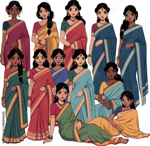 Create a kinds of deferent smart women saree vector art with white background.