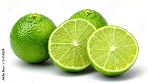 Vibrant Fresh Limes Whole, Halved and Sliced on Clean White Surface - Bright Green Citrus for Health, Summer, and Refreshing Flavors