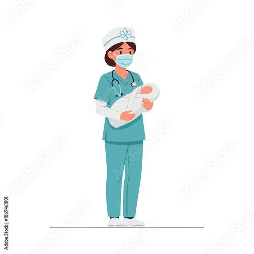 A compassionate female nurse in medical scrubs and mask gently cradling a newborn baby, representing new life and pediatric care, a vivid flat vector illustration