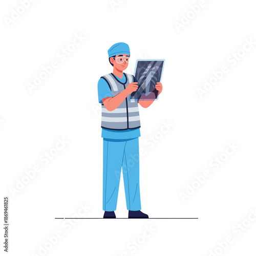 Male medical professional examining X-ray image for diagnosis, presented as a clean and modern flat vector illustration of healthcare worker in uniform, ready for medical analysis