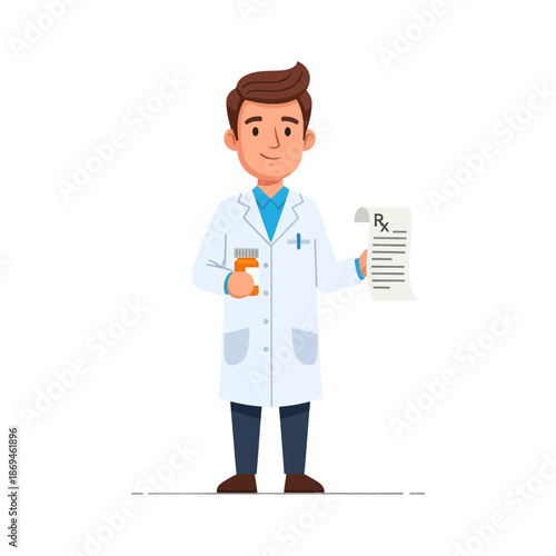 Professional Pharmacist Holding Prescription and Medication Bottle, Flat Vector Illustration