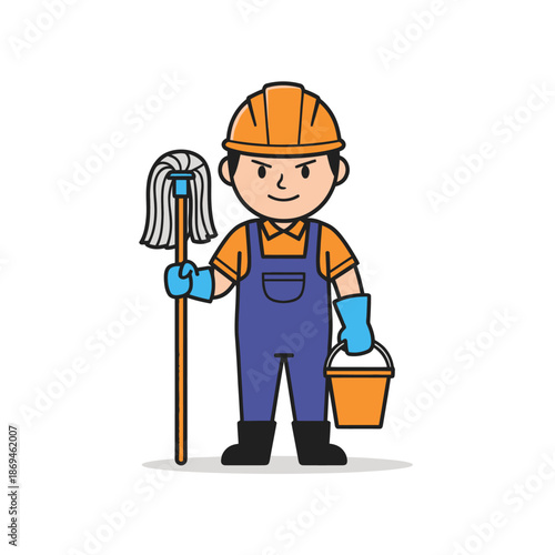 Diligent professional cleaner worker character in uniform holding a mop and bucket, ready for service and maintenance tasks, presented as a friendly flat vector illustration