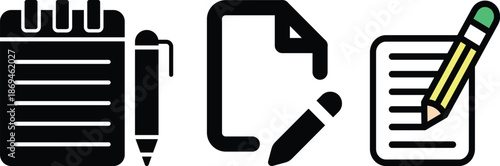 Edit icon set. Notepad edit document with pencil icon. Pencil icon, sign up icon. Business concept note edit pictogram. Vector illustration.