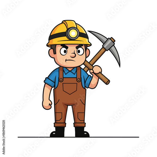 Grumpy male miner character in a yellow hard hat and overalls, holding a pickaxe, prepared for tough work, depicted as a simple flat vector illustration for labor themes