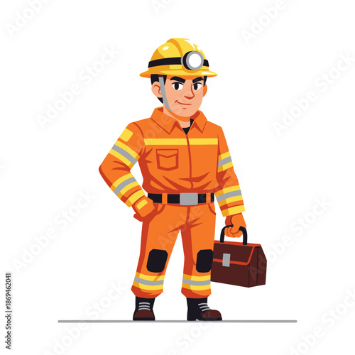 Flat vector illustration of a construction worker in orange uniform holding a tool bag