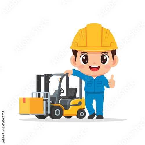 Cute flat vector illustration of a cheerful worker with a forklift and a thumbs up gesture
