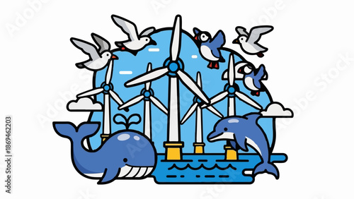 Offshore wind farm with marine life and birds in a stylized blue sky and water scene