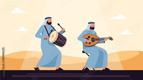 This flat design illustration depicts a captivating traditional Emirati music performance, a vibrant part of cultural celebrations like the Al Dhafra Festival. 