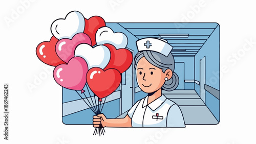 Nurse holding heart balloons in a hospital corridor