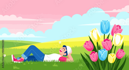 Young woman with headphones relaxing on a green grassy field with colorful tulips.