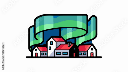 Northern lights dance above a quaint village of houses